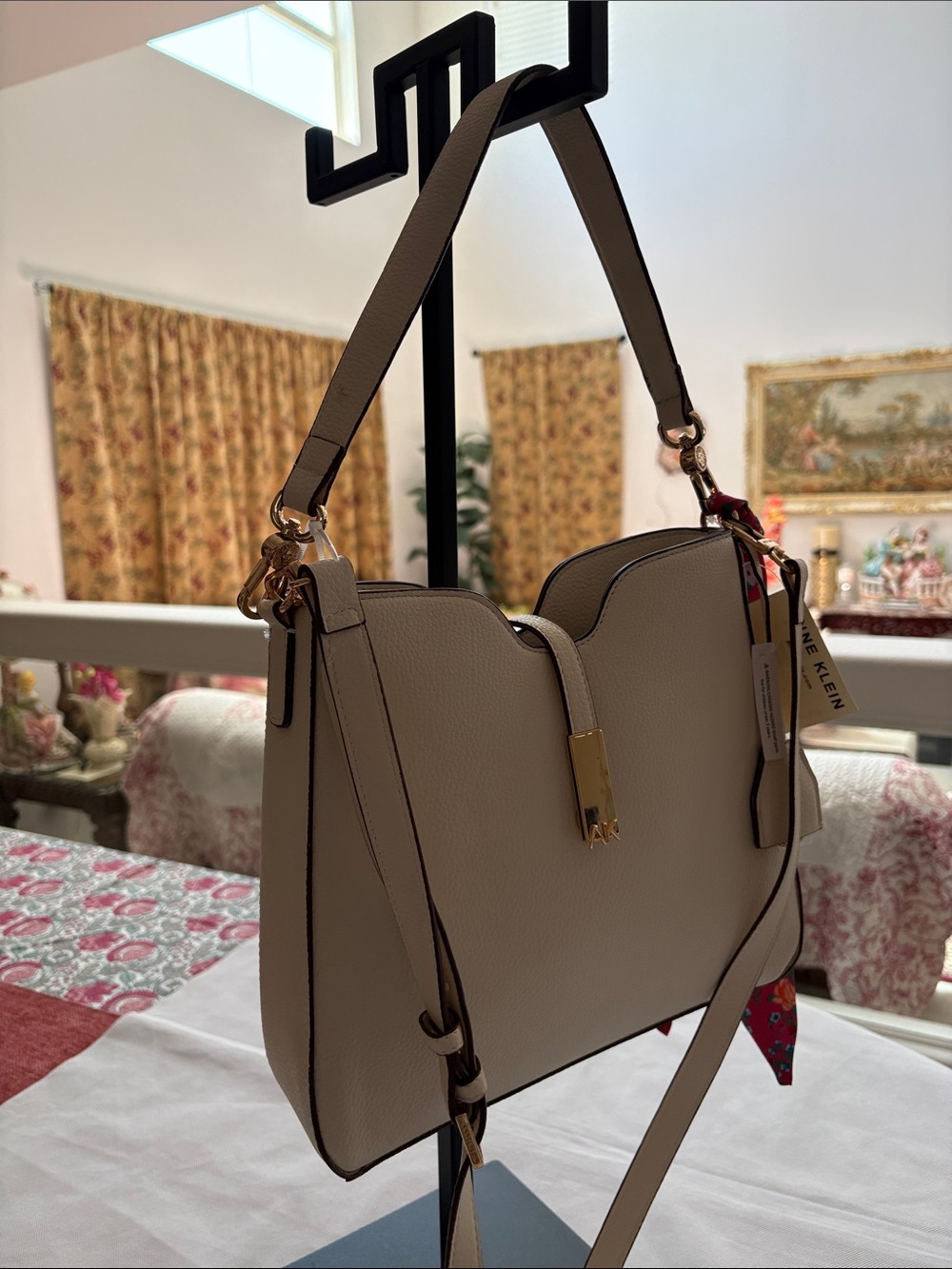 Anne Klein Cream Pebbled Leather Shoulder Bag with Gold Hardware